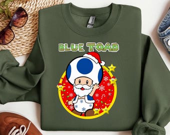 Blue Toad Christmas T-Shirt, Santa Mushroom Sweatshirt, Super Mario Xmas Hoodie, Funny Gamer Holiday Gift