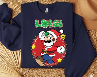 Santa Luigi Sweatshirt, Super Mario Brother Ugly Christmas Sweater Tee, Nintendo Retro Holiday Hoodie