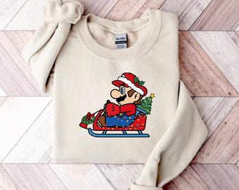 Super Mario Christmas Sled Sweatshirt, Funny Gamer Holiday Gift, Retro Video Game Christmas Jumper, Nintendo Fan Xmas Tee