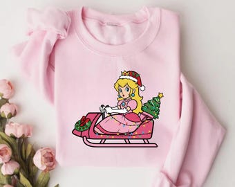 Princess Peach Christmas Sweatshirt, Cute Gamer Holiday Gift, Pink Video Game Xmas Jumper, Nintendo Fan Snowmobile Tee