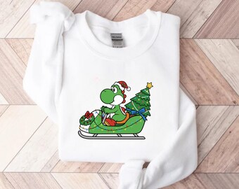 Yoshi Christmas Sweatshirt, Cute Gamer Xmas Gift, Green Dinosaur Holiday Jumper, Retro Nintendo Fan Tee