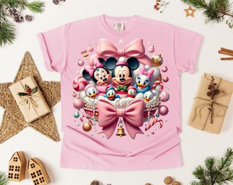 Pastel Pink Disney Christmas Tee, Cute Minnie Mouse Holiday Wreath Shirt, Bow Aesthetic Xmas Sweater, Kawaii Donald Duck Daisy Gift,
