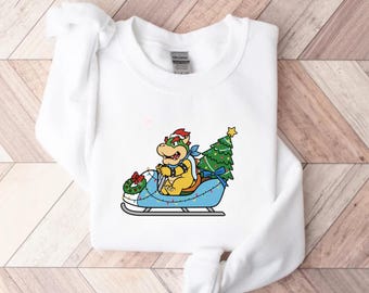 Super Mario Bowser Christmas Sweatshirt, Funny Holiday Gaming Crewneck, Vintage Sleigh Jumper Gift