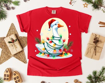 Funny Christmas Goose T-shirt, Cute Holiday Animal Tee, Farm Animal Xmas Gift, Goose With Lights Shirt