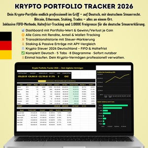 May include: A laptop displays a spreadsheet titled "Krypto Portfolio Tracker 2026" with financial data and charts. The German flag is in the upper left. Text includes "Bitcoin, Ethereum, Staking, Trades" and "Google Sheets Spreadsheet."