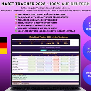 May include: A laptop screen displays a habit tracker spreadsheet with the text "HABIT TRACKER 2026 - 100% AUF DEUTSCH". The German flag is in the upper left corner. The screen shows a detailed habit tracking system.