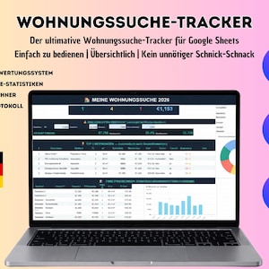 Może przedstawiać: Laptop wyświetlający arkusz kalkulacyjny z danymi i wykresami. Widoczny tekst "WOHNUNGSSUCHE-TRACKER" i "Meine Wohnungssuche 2026". Flaga Niemiec w lewym dolnym rogu. Dodatkowy tekst: "Automatyczny system oceny" i "Pulpit nawigacyjny z statystykami na żywo".