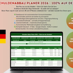 May include: A laptop screen shows a debt reduction planner in German. The display features financial data in green and white tables. The German flag is visible, alongside text advertising the planner's features, including Google Sheets integration.