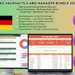 Könnte beinhalten: Ein digitales Produktpaket namens "DAS HAUSHALTS & ABO MANAGER BUNDLE 2026" wird auf einem Computermonitor und Laptop angezeigt. Das Bild enthält die deutsche Flagge und Text, der Funktionen wie Budgetverfolgung beschreibt.
