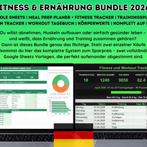 May include: A laptop screen showing fitness and nutrition spreadsheets. The display includes meal prep, fitness tracking, and workout logs. The text on the screen is in German. The image also includes the text "Fitness & Ernährung Bundle 2026".