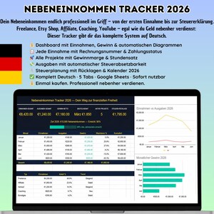 May include: A laptop screen displays a financial tracker with charts and data, labeled "NEBENEINKOMMEN TRACKER 2026." The German flag is in the upper left. The tracker includes Google Sheets and direct download options.