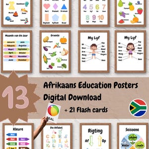Pode incluir: Um conjunto de cartazes educativos em africâner, com temas como vestuário, formas, números, frutas, vegetais, partes do corpo, meses, cores, o alfabeto, direções e estações. Inclui um download digital e cartões flash.