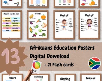 Op de afbeelding: Een verzameling educatieve posters in het Afrikaans, met onderwerpen als kleding, vormen, getallen, fruit, groenten, lichaamsdelen, maanden, kleuren, het alfabet, richtingen en seizoenen. Inclusief een digitale download en flashcards.