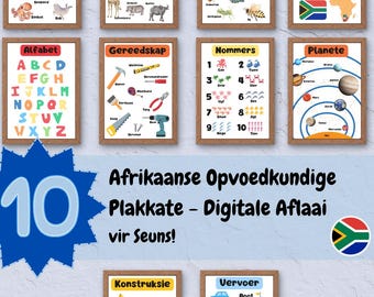 Op de afbeelding: Een verzameling educatieve posters in houten frames, met verschillende thema's zoals dieren, insecten, cijfers en het alfabet. De posters zijn ontworpen voor kinderen en bevatten tekst in het Afrikaans.