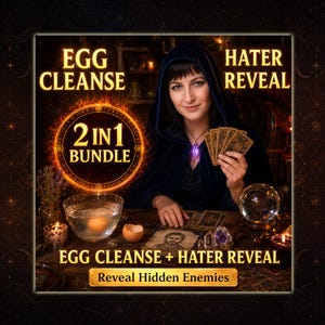 May include: An advertisement for a spiritual service. The image features a woman in a dark blue hooded cloak holding tarot cards. Text includes "EGG CLEANSE", "HATER REVEAL", and "2 IN 1 BUNDLE". A bowl of water with an egg is visible.