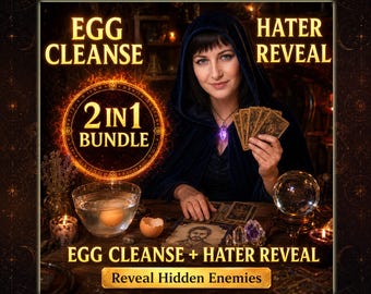 May include: An advertisement for a spiritual service. The image features a woman in a dark blue hooded cloak holding tarot cards. Text includes "EGG CLEANSE", "HATER REVEAL", and "2 IN 1 BUNDLE". A bowl of water with an egg is visible.