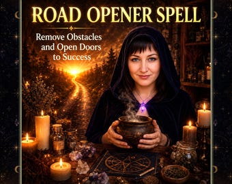 May include: An image with the text "ROAD OPENER SPELL" and "Remove Obstacles and Open Doors to Success". A woman in a black hooded cloak holds a steaming cauldron. Lit candles and crystals surround a table with a book and other items.