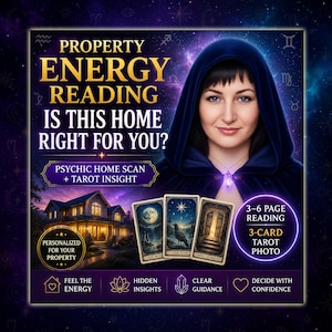 Puede incluir: Gráfico digital para un servicio de lectura de energía de propiedades. La imagen presenta a una mujer con una capa con capucha azul, cartas del tarot y el texto: "Lectura de Energía de la Propiedad: ¿Es este hogar adecuado para ti?" y "Escaneo psíquico del hogar + Perspectiva del tarot".