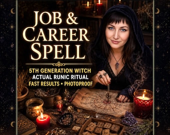 May include: A person in a dark hooded cloak performs a ritual with a pendulum over a circular chart. The text reads: JOB & CAREER SPELL, 5TH GENERATION WITCH, ACTUAL RUNIC RITUAL, FAST RESULTS • PHOTOPROOF. Candles, crystals, and wooden runes are present.
