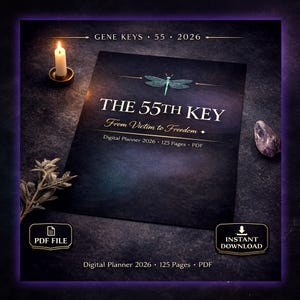 May include: A digital planner titled "THE 55TH KEY" with the text "From Victim to Freedom". The cover is dark with a dragonfly illustration. Includes "Digital Planner 2026 • 125 Pages • PDF". A lit candle and a stone are on the side. "PDF FILE" and "INSTANT DOWNLOAD" icons are present.