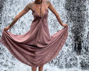 Natural Dye Linen Beach Cotton Summer Dress- Organic Natural Clothing Loose Linen Long Slip Dress, Rust Lilac Festival Party Vacation Dress