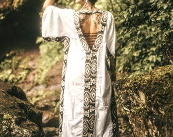 White Khadi Bunga Kaftan Open Back Loose Dress- Linen Maxi Plus Size Long Party Linen Dress, Hand Woven Fabrics, Tribal Ceremonial Dress