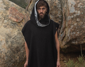 Tribal Poncho- Fancy Mens Poncho- Black Mexican Poncho- Hippie Poncho- Ethnic Clothing