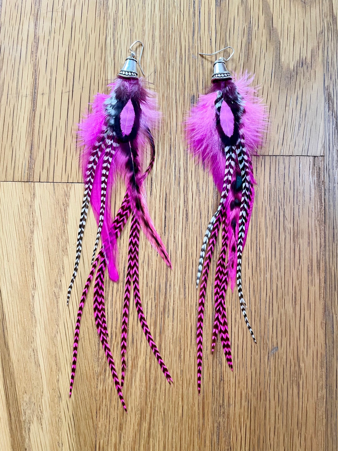 Pink Natural Feathers Earrings Feather Veil Earrings, Rooster Feather