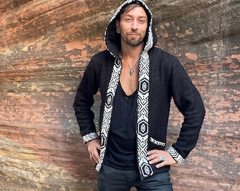 Tribal Poncho- Fancy Mens Poncho- Black Mexican Poncho- Hippie Poncho- Ethnic Clothing