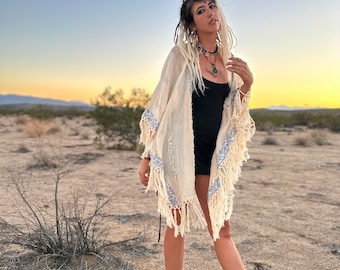 Fringe Shawl-Open Front Jacket, Black and White, Embroidered Coat, Hippie Coat,  Unisex Jacket, Ethnic Clothing, Boho Coat