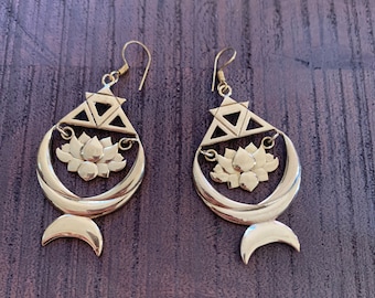Lotus Moon Earrings Triangle Dangle Earrings Sacred Tribal Jewelry Crescent Moon Witchy Jewelry