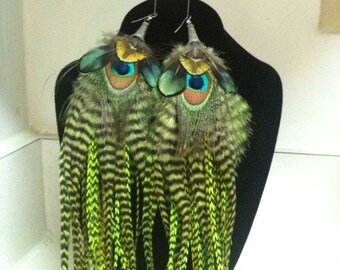 Long Feather Earrings- Peacock Earrings- Feather Earrings- Extra Long Feathers-Festival Earrings-Native Earrings-Bellydance-Grizzly Feathers