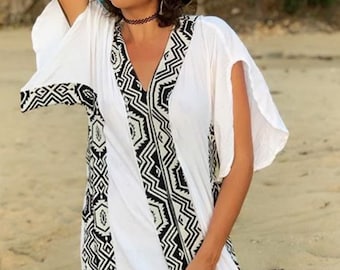 Tulum-Aesthetic Tribal Kaftan Dress-Boho Dress- Kaftan Boho- Beach Coverup- Long Dress-Ethnic Dress-White Linen Dress
