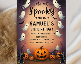 May include: Halloween-themed birthday party invitation with the text "Let's get Spooky" and details for Samuel's 6th birthday. The design features ghosts, bats, pumpkins, and black cats. The invitation is set against a purple and orange background.