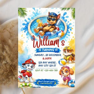 May include: A colorful birthday party invitation featuring cartoon characters. The invitation includes the name "William's", the text "IS TURNING 5!", date, time, address, and RSVP information. The design includes images of cartoon dogs in a pool.
