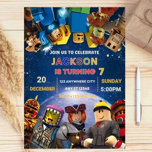 May include: A birthday party invitation featuring a space-themed design with cartoon characters. The invitation reads "Join us to celebrate JACKSON is turning 7" with the date, time, and location details. The invitation is on a wooden surface.