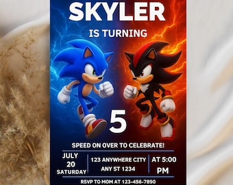 Editable Sonic Birthday Invitation: Canva Template (Digital Download 5x7in