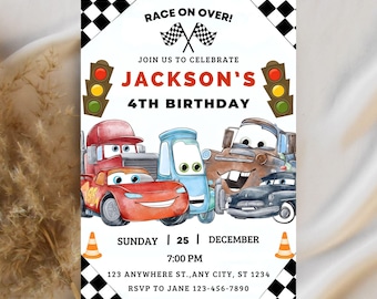 Cars Birthday Invitation, Kids Birthday Invitation, Lightning McQueen Invitation, Editable Personalized Canva Digital Download