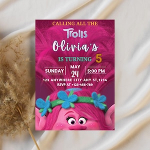 Editable Trolls Birthday Invitation, Trolls Poppy Invite, Poppy Trolls Invitation, Trolls Digital Invite, Kids Birthday Party Invite, Canva