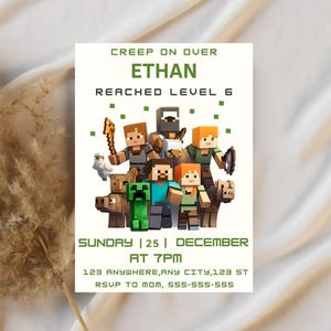 Editable Minecrafter Birthday Invitations, Canva template, Video Game Birthday Invitation, Birthday Card, Girl Boy Birthday, Digital Invite