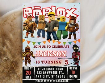 May include: A colorful Roblox-themed birthday party invitation. The invitation features Roblox characters, the name "Jackson", and the text "IS TURNING 5". Details include date, time, and RSVP information.