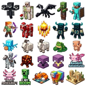 Puede incluir: Una colección de veinticinco pegatinas pixeladas de personajes y criaturas de Minecraft, incluyendo un Wither, Golem de hierro, Ender Dragon, Warden, Axolotl, Creeper y una oveja arcoíris, con los textos Axolotl Adventures, The Minecraft e I AM BOOM.