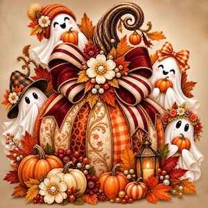 Peut inclure: Une grande citrouille décorative centrale ornée d'un grand nœud rayé bordeaux et crème et d'une fleur blanche. Quatre petits fantômes blancs tiennent de minuscules citrouilles, entourés de feuilles d'automne, de baies et d'une petite lanterne.