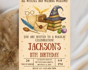 Wizards Witches Birthday Invitation, Magical School Wizardry Birthday Party Invitation, Editable Invite Printable Canva Template