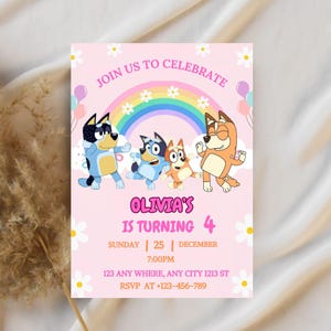 Pink Birthday Invitation, Blue Dog Birthday Party Invite, Cute Dog Boys Girls Kids Birthday Invitation, Canva Editable Template