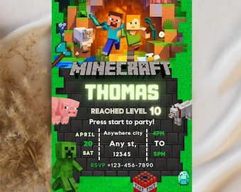 Birthday Invitation Minecraft Editable, Minecrafter birthday Invite instant download, Video Game Birthday Invitation, Digital Invite