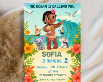 Baby Moana Geburtstagseinladung: Bearbeitbares hawaiianisches Thema (Digitaler Download)
