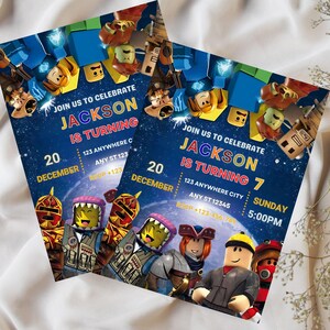 May include: Two birthday party invitations featuring a space-themed design with Lego-style characters. The invitations read "Join us to celebrate Jackson is turning 7" with the date December 20th and the time 5:00 PM.