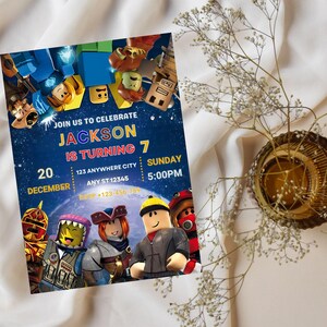 May include: A birthday party invitation with a blue background and the text "Join us to celebrate Jackson is turning 7". The invitation includes the date, time, and location. Cartoon characters are featured.