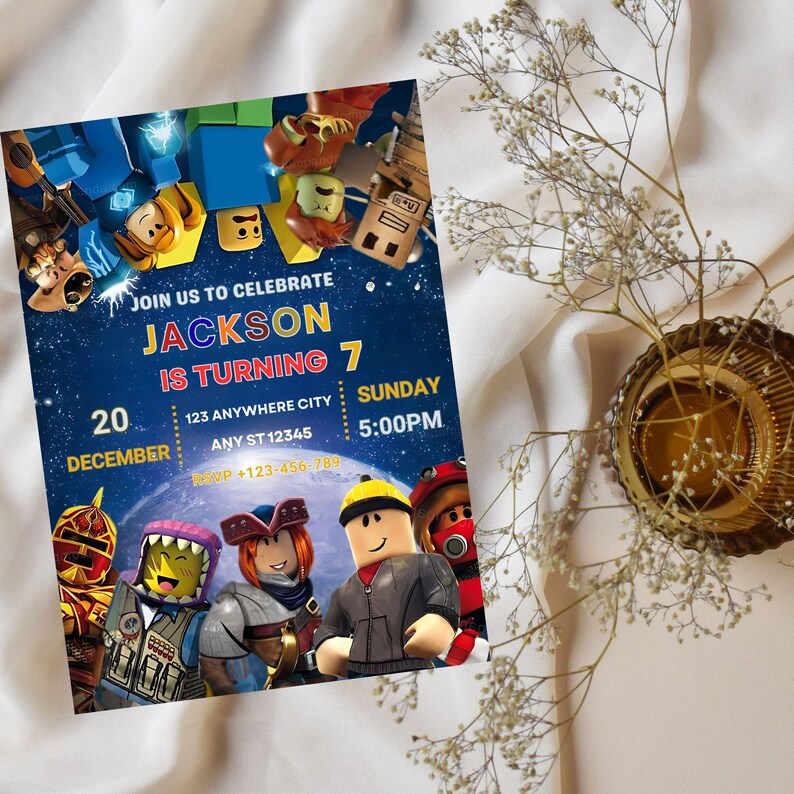 May include: A birthday party invitation with a blue background and the text "Join us to celebrate Jackson is turning 7". The invitation includes the date, time, and location. Cartoon characters are featured.